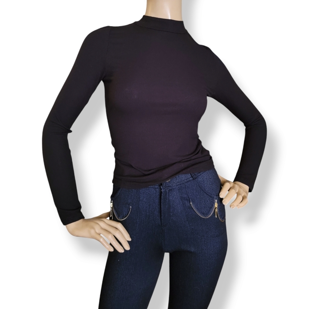 Timing Black Ribbed Mock Collar Long Sleeve Top